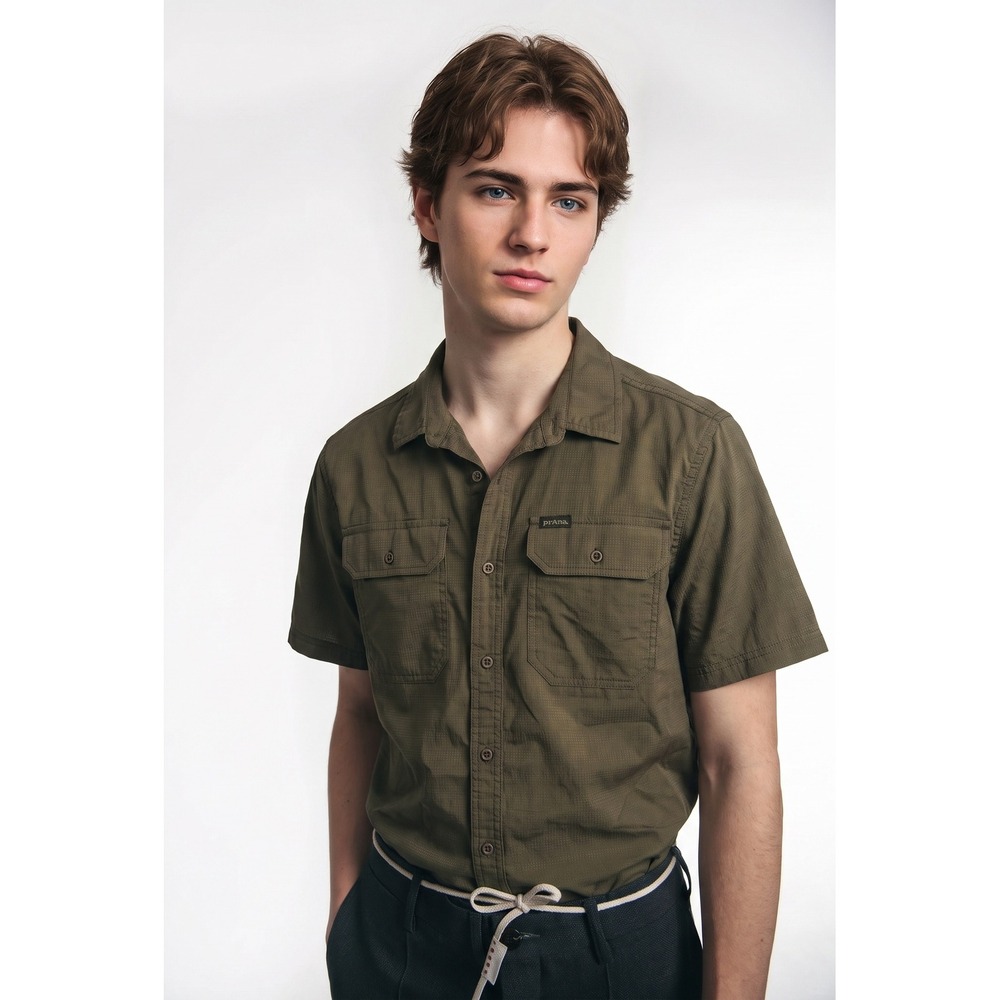 Prana Button Down Shirt Mens Small Olive Green Ripstop Short Sleeve Outdoor